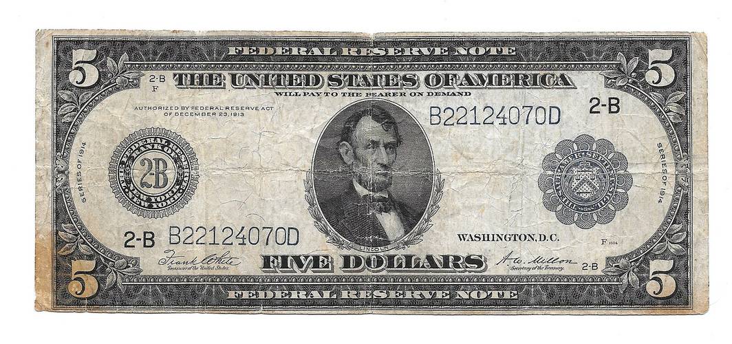 Банкнота 5 долларов 1914 B - Нью-Йорк США