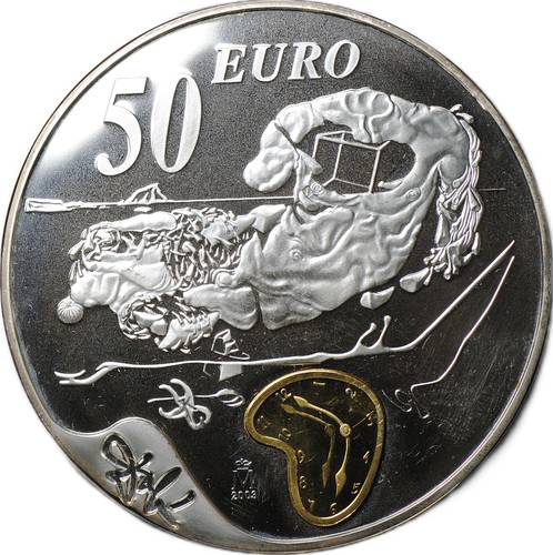 Монета 50 евро 2004 Сальвадор Дали 100 лет со дня рождения Испания
