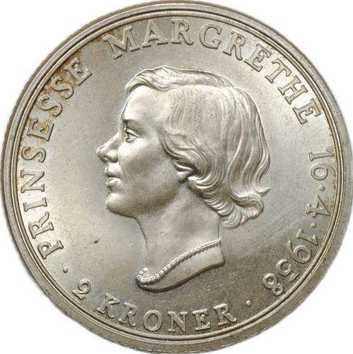 Монета 2 кроны 1958 18 лет Принцессе Маргрете Дания
