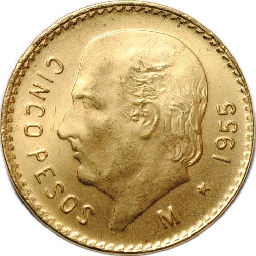 Монета 5 песо 1955 золото Мексика