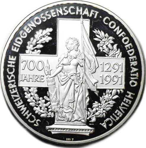 Монета (медаль) 5 унций серебра 1991 700 лет конфедерации Швейцария