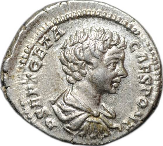 Монета Денарий 200 - 202 Гета Виктория со щитом Римская Империя