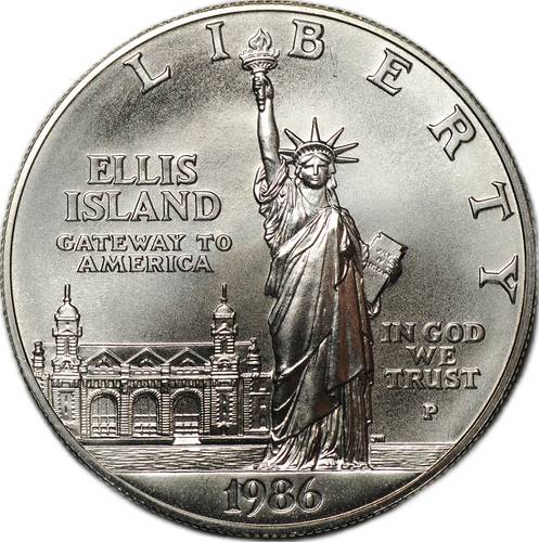 Монета 1 доллар 1986 P 100 лет статуе Свободы Остров Эллис UNC США в футляре