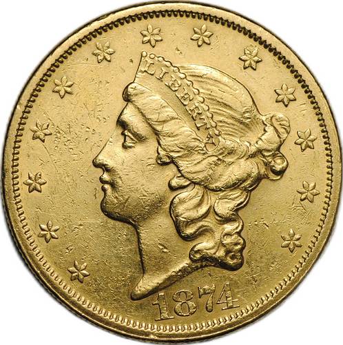 Монета 20 долларов 1874 S - Сан-Франциско США