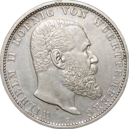 Монета 5 марок 1907 F Вюртемберг Германия