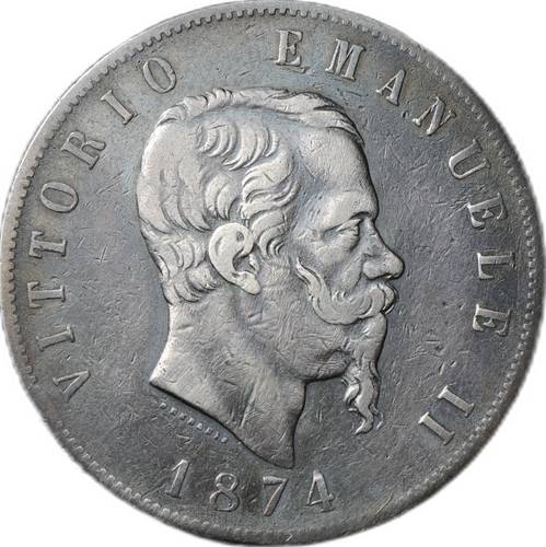 Монета 5 лир 1874 Италия