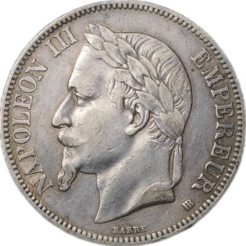 Монета 5 франков 1867 BB Франция