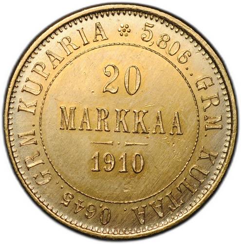 Монета 20 марок 1910 L Русская Финляндия