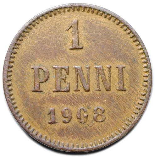 Монета 1 пенни 1908 Русская Финляндия