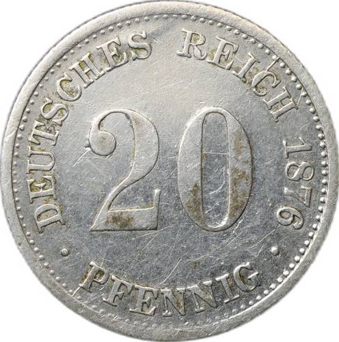 Монета 20 пфеннигов 1876 F - Штутгарт Германия