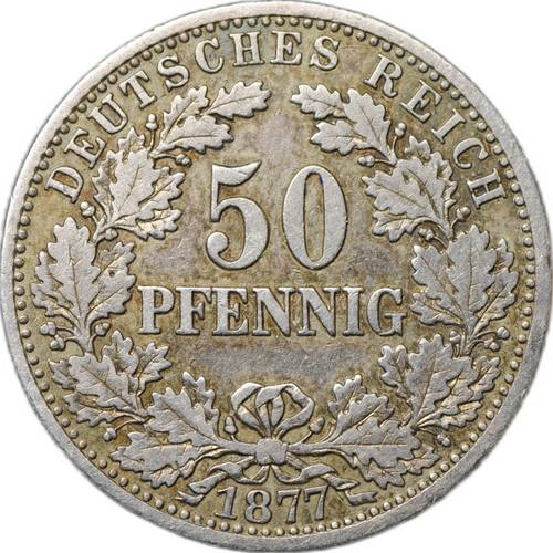 Монета 50 пфеннигов 1877 F - Штутгарт, Венок на аверсе Германия