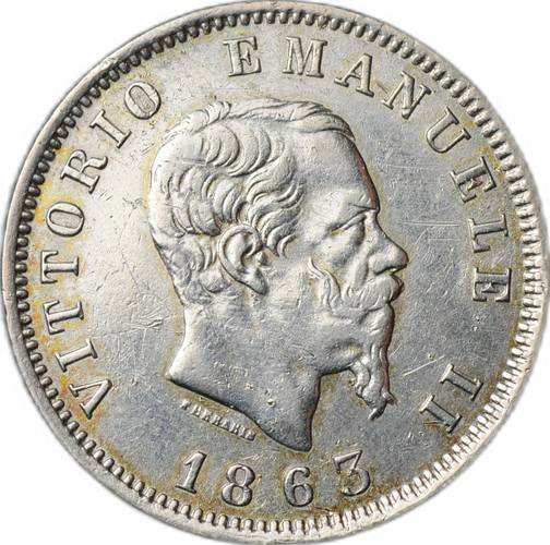 Монета 1 лира 1863 M - Милан, Щит на реверсе Италия