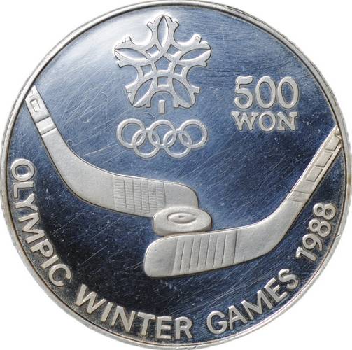 Монета 500 вон 1988 Олимпиада Калгари - Хоккей Северная Корея
