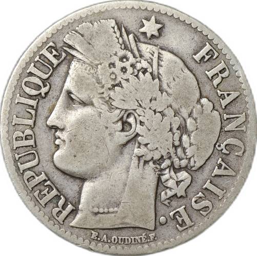 Монета 2 франка 1870 LIBERTE·EGALITE·FRATERNITE Франция