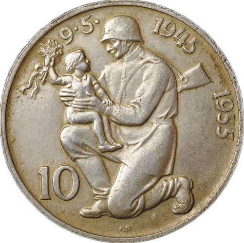 Монета 10 крон 1955 10 лет освобождению от Германии Чехословакия