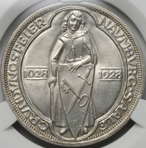 Монета 3 рейхсмарки (марки) 1928 900 лет Наумбургу Германия слаб CPRC MS 65