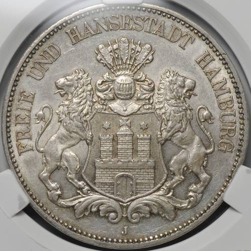 Монета 5 марок 1913 Гамбург Германия слаб CPRC MS 62