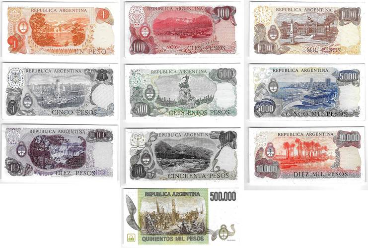 Банкноты 1, 5, 10, 20, 50, 100, 500, 50000, 100000, 500000, 1000000 песо 1973-1981 Аргентина