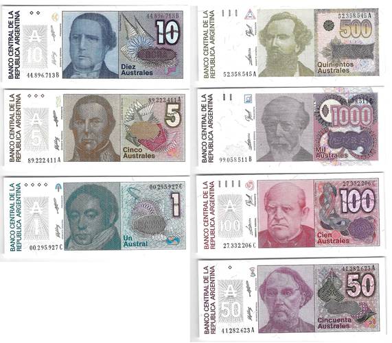 Банкноты 1, 5, 10, 20, 50, 100, 500, 1000 аустралей 1985-1988 Аргентина