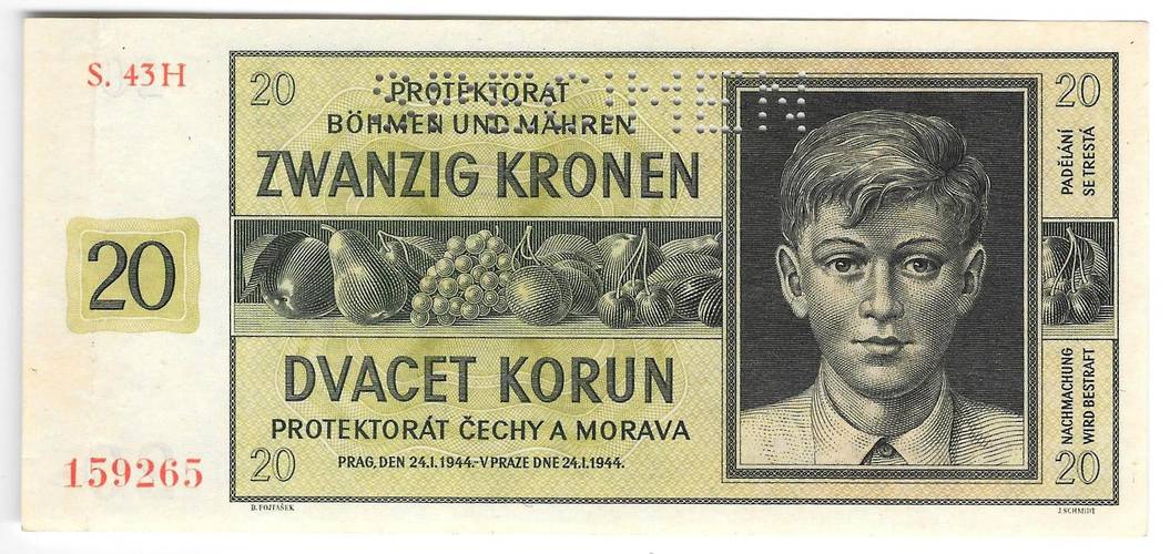 Банкнота 20 крон 1944 перфорация образец SPECIMEN Богемия и Моравия