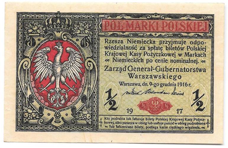 Банкнота 1/2 марки 1916-1917 Польша