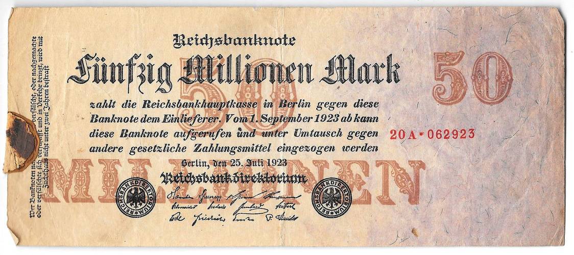 Банкнота 50000000 марок 1923 (50 миллионов) 25 июля Германия Веймарская республика