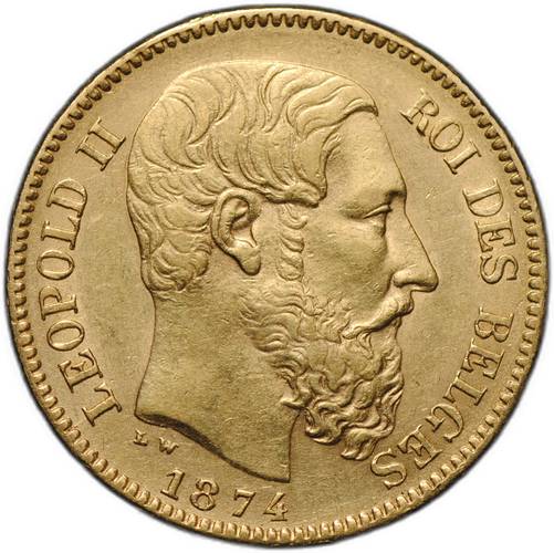 Монета 20 франков 1874 Бельгия