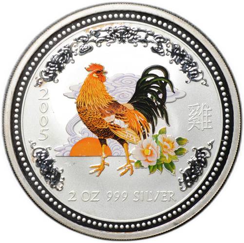Монета 2 доллара 2005 Год Петуха цветная Лунар Лунный календарь Австралия