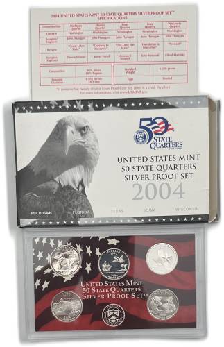 Набор 25 центов (квотер) 2004 S Штаты серебро PROOF США 5 монет 
