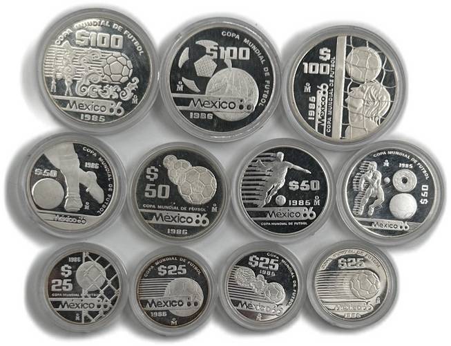 Комплект 25, 50, 100 песо 1985-1986 Чемпионат мира по футболу Мексика 11 монет