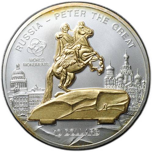 Монета 10 долларов 2009 Медный всадник Памятник Петру I в Санкт-Петербурге UNC Острова Кука