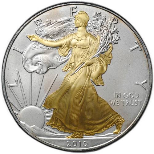 Монета 1 доллар 2010 Американский серебряный орёл (шагающая свобода) позолота США