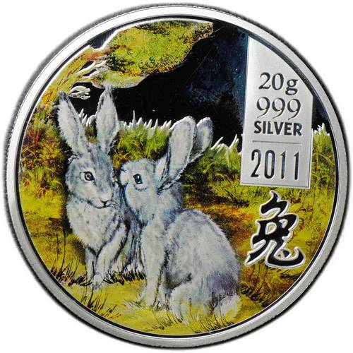 Монета 2 доллара 2011 Год кролика Китайский гороскоп 2 кролика Острова Кука