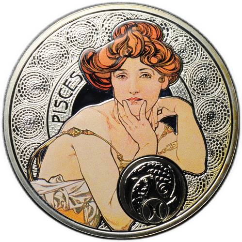 Монета 1 доллар 2011 Знаки зодиака - Рыбы Альфонс Муха Ниуэ