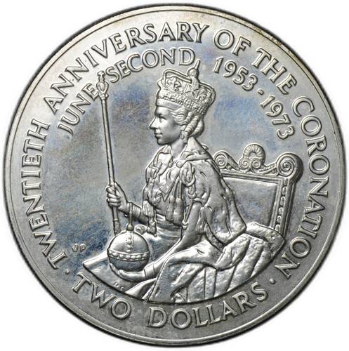 Монета 2 доллара 1973 20 лет Коронации Елизаветы II Острова Кука