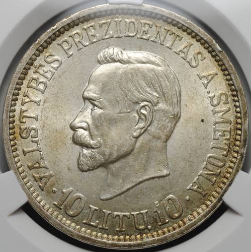 Монета 10 лит 1938 20 лет республике Президент Сметона Литва слаб CPRC MS 62