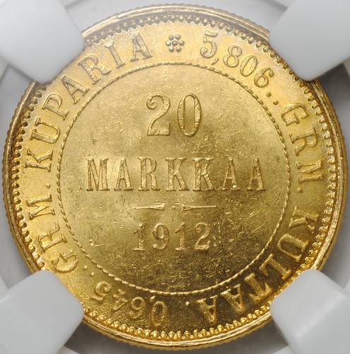 Монета 20 марок 1912 S Русская Финляндия слаб ННР MS 64