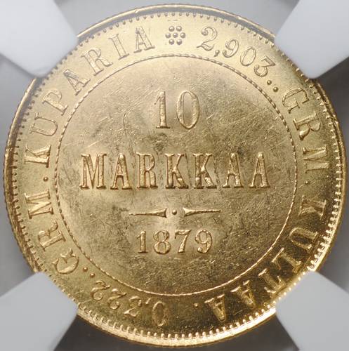Монета 10 марок 1879 S Русская Финляндия слаб NGC MS 62