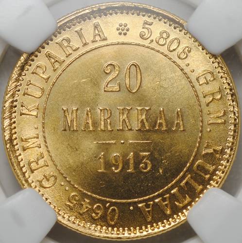Монета 20 марок 1913 S Русская Финляндия слаб ННР MS 64
