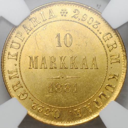 Монета 10 марок 1881 S Русская Финляндия слаб NGC BUNC