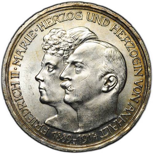 Монета 3 марки 1914 25 лет свадьбы Фридриха и Марии Анхальт-Дессау Германия