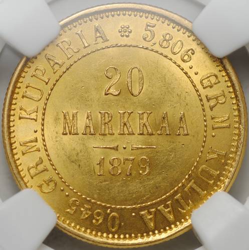 Монета 20 марок 1879 S Русская Финляндия слаб ННР MS 63