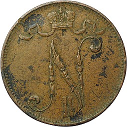 Монета 5 пенни 1908 Русская Финляндия