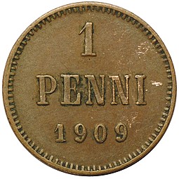 Монета 1 пенни 1909 Русская Финляндия