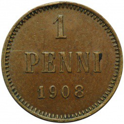 Монета 1 пенни 1908 Русская Финляндия