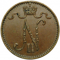 Монета 1 пенни 1908 Русская Финляндия