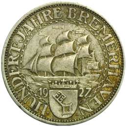 Монета 3 марки 1927 Германия Веймарская республика 100-летие Бремерхафена