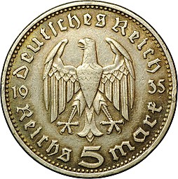 Монета 5 рейхсмарок (марок) 1935 D Гинденбург Германия Третий Рейх