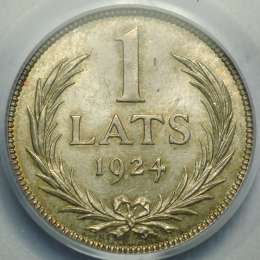 Монета 1 лат 1924 Латвия слаб PCGS MS63 UNC