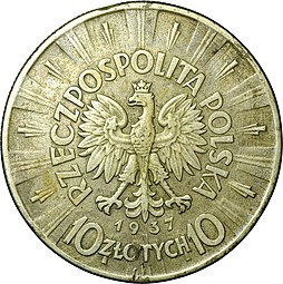 Монета 10 злотых 1937 Пилсудский Польша
